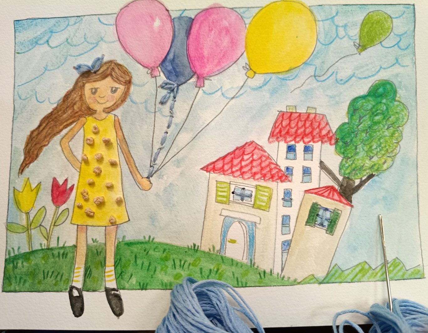 Aquarellmalerei für Anfängerinnen Aquarelllandschaft mit farbenfrohen Feldern und einem weiten Himmel.